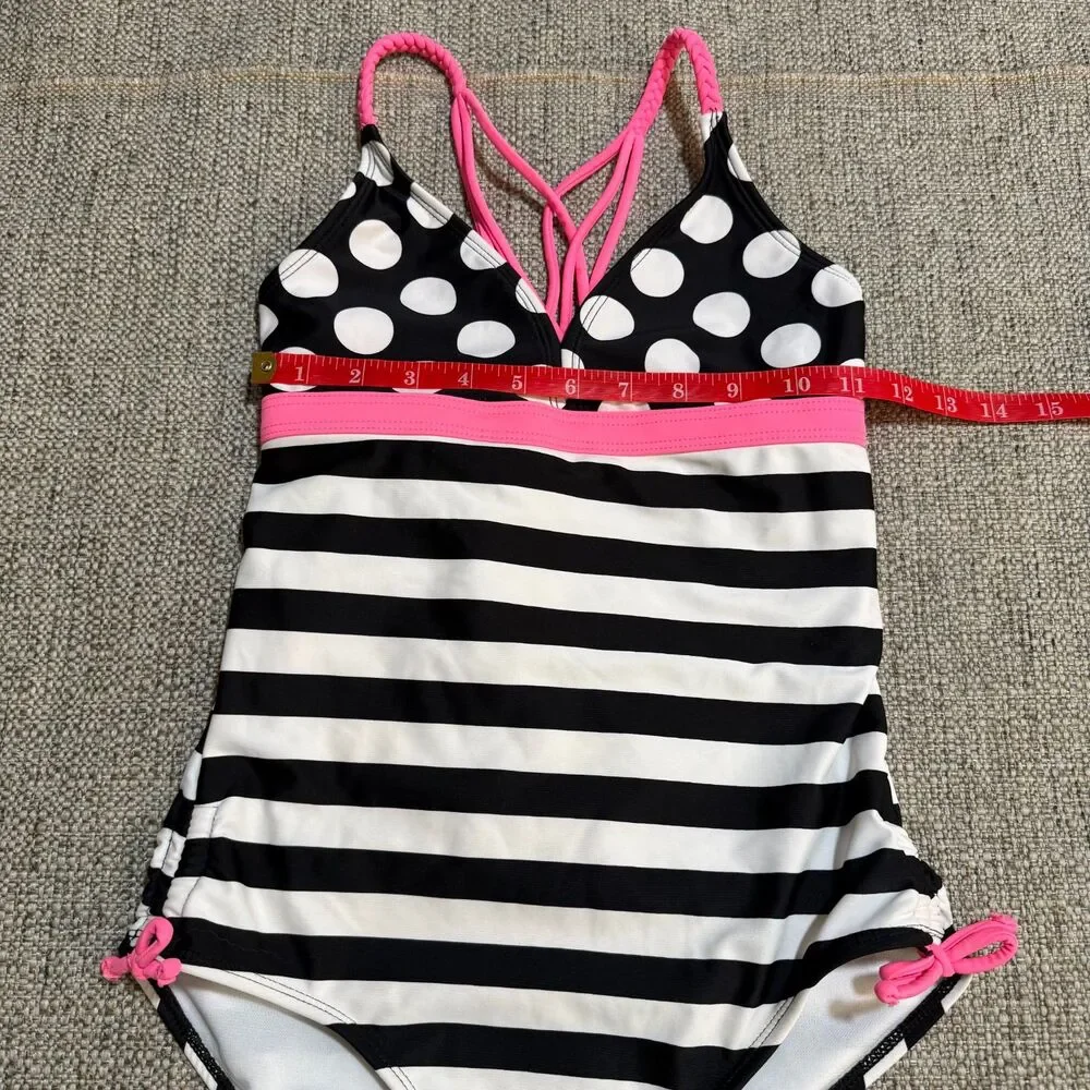 SO Kohl’s Girls Black White Striped Polka Dot One Piece Swimsuit Pink 16
